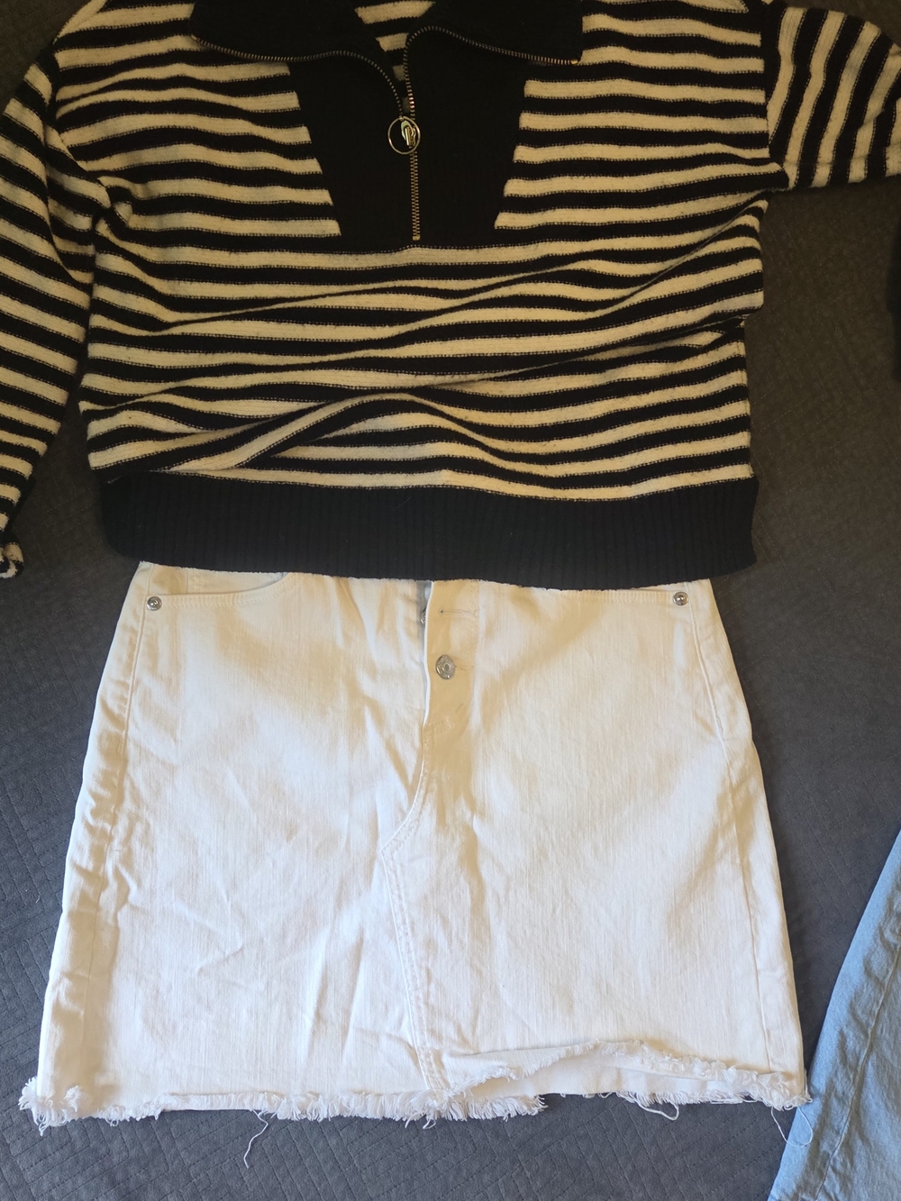 LOFT Summer Blue Jean Skirts & White And Blue Striped Half-Zip Sweater - Picture 9 of 9